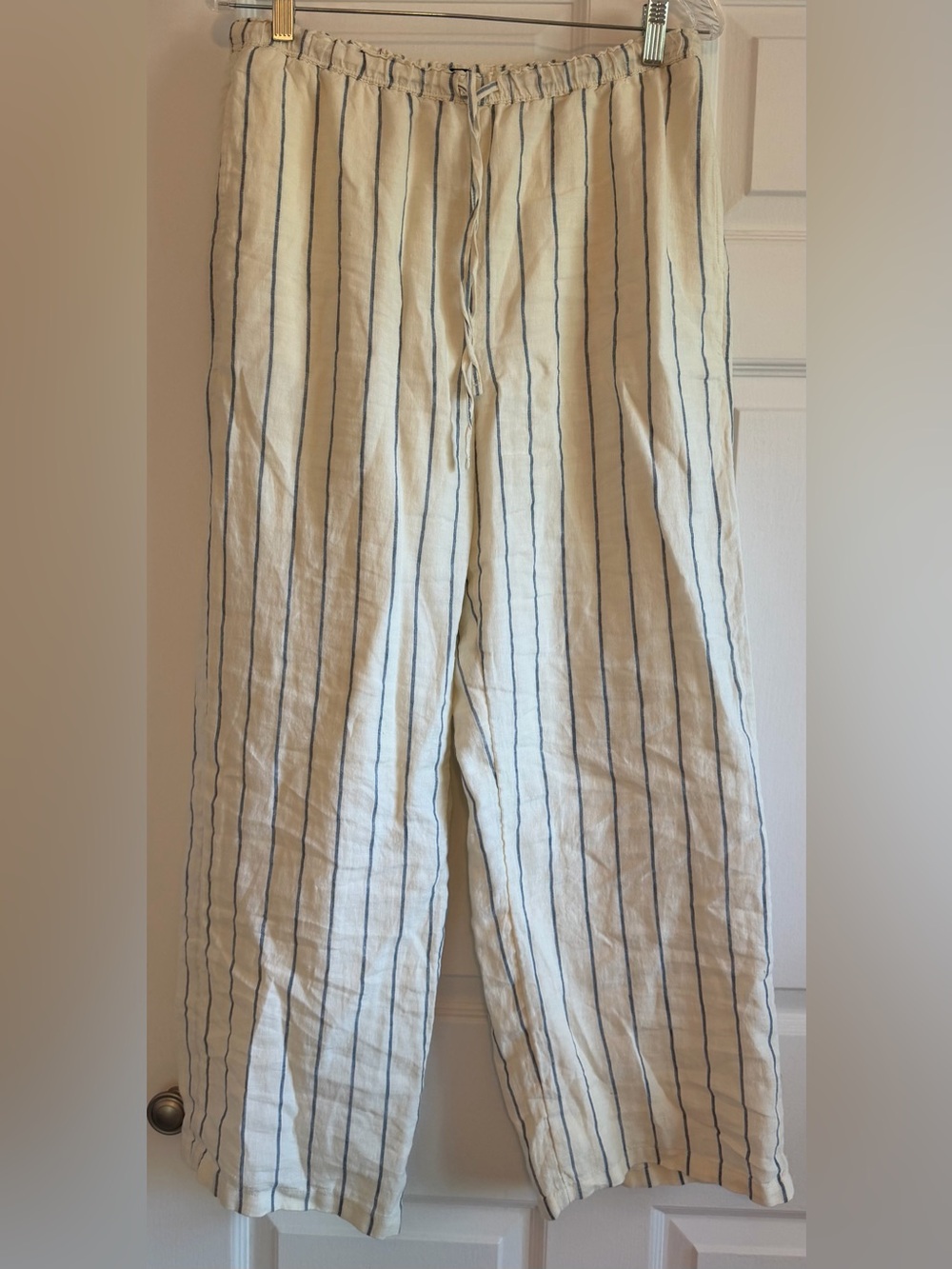 J. Crew Cream Linen-Blend Drawstring Pants with Blue Stripes